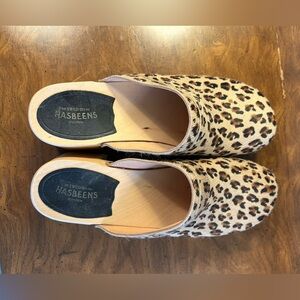 Swedish Hasbeen Adorable Leopard Calf Hair Chunky Heeled Clog